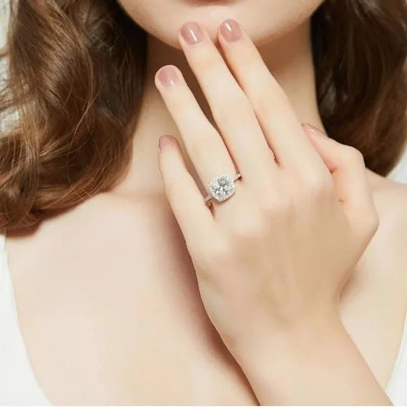 BERRICLE Sterling Silver Cushion Cut Halo Engagement/Promise Ring, Size 5.5